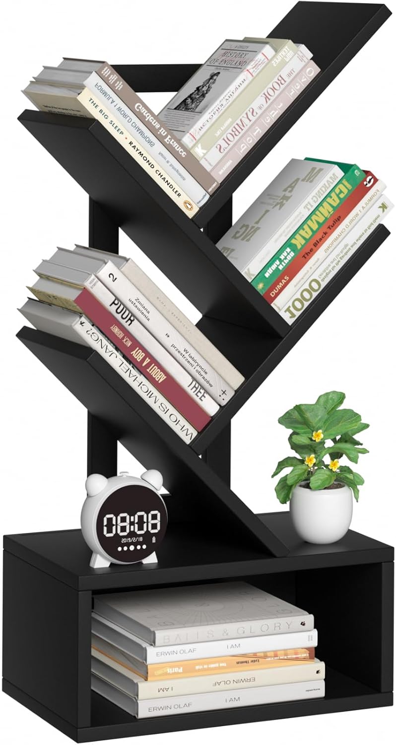 Small Tree Bookshelf - 5 Tier Black Desktop Bookcase for Home