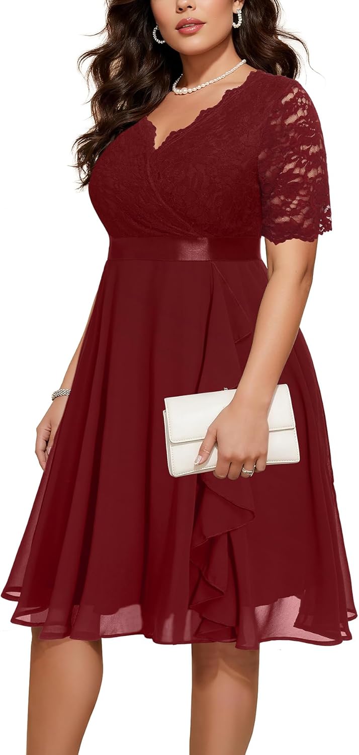 Plus Size Wedding Guest Dress - Elegant Tea Length Ruffle Style