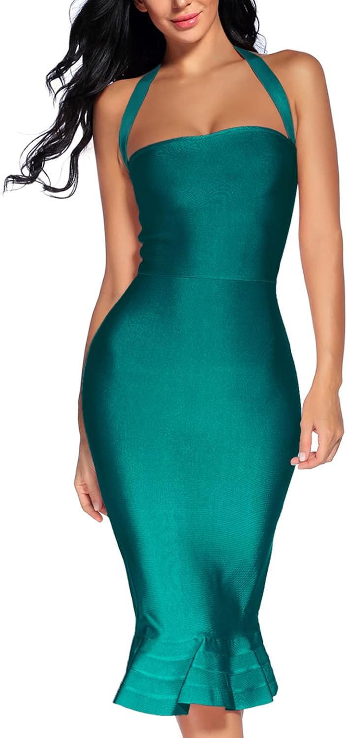 Houstil Women's V Neck Halter Fishtail Bodycon Dress for Parties