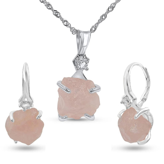 Real Raw Rose Quartz Crystal Drop Earrings and Necklace Set