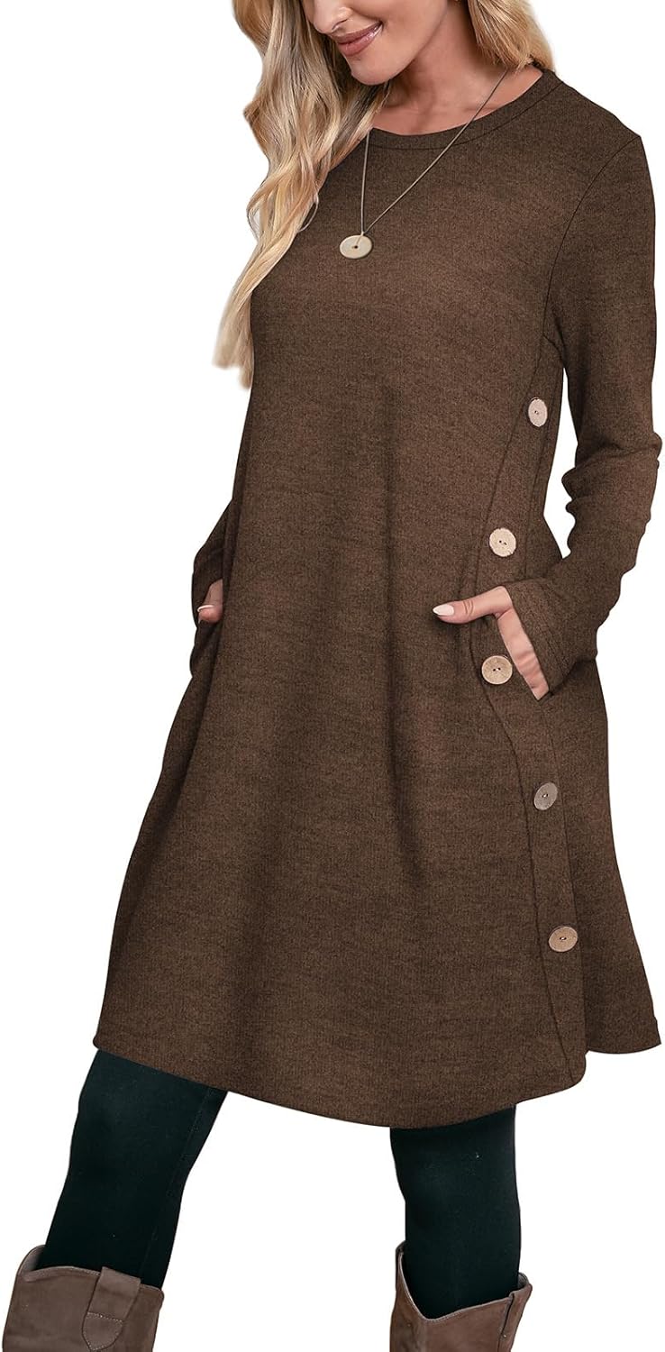 OFEEFAN Long Sleeve Dress for Women with Pockets and Buttons