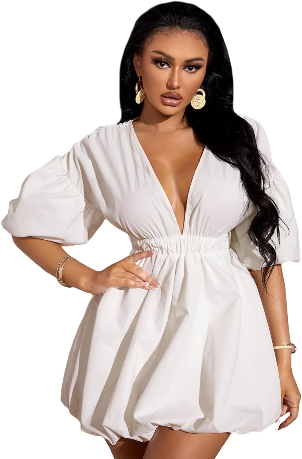 WDIRARA Women's Deep V Neck Puff Sleeve Flare Bubble Dress