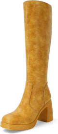 Black Leather Platform Boots for Women - Chunky Square Toe Heels