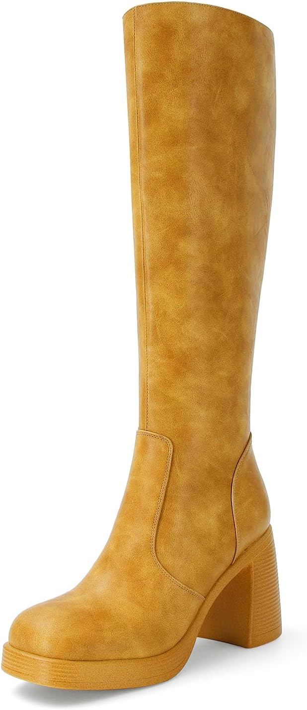 SOVANYOU Black Leather Platform Boots for Women with Chunky Heels