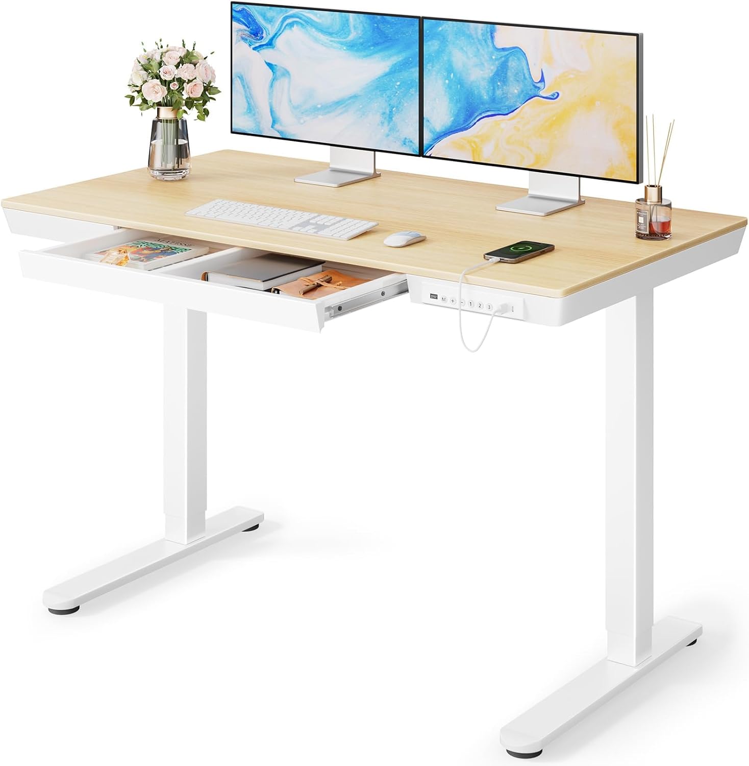 Marsail Electric Solid Standing Desk with USB Ports and Drawer