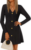 Women's Fall Ribbed Knit V Neck Sweater Dress - Button Mini