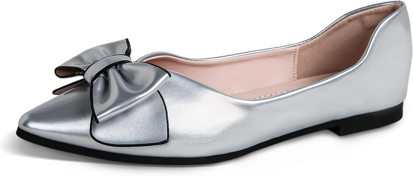 Comfortable Leather Pointed Toe Flats for Women with Bow Design