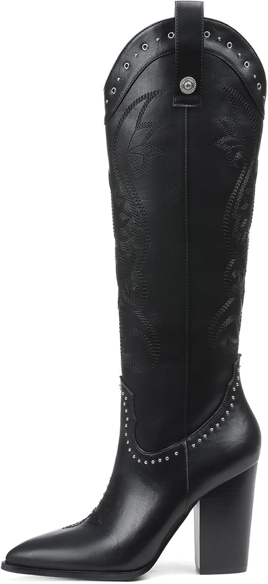 VOMIRA Knee High Cowboy Boots for Women with Chunky Heels