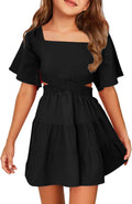 Batermoon Girls Summer Dress Square Neck Short Sleeve A-line Mini Made