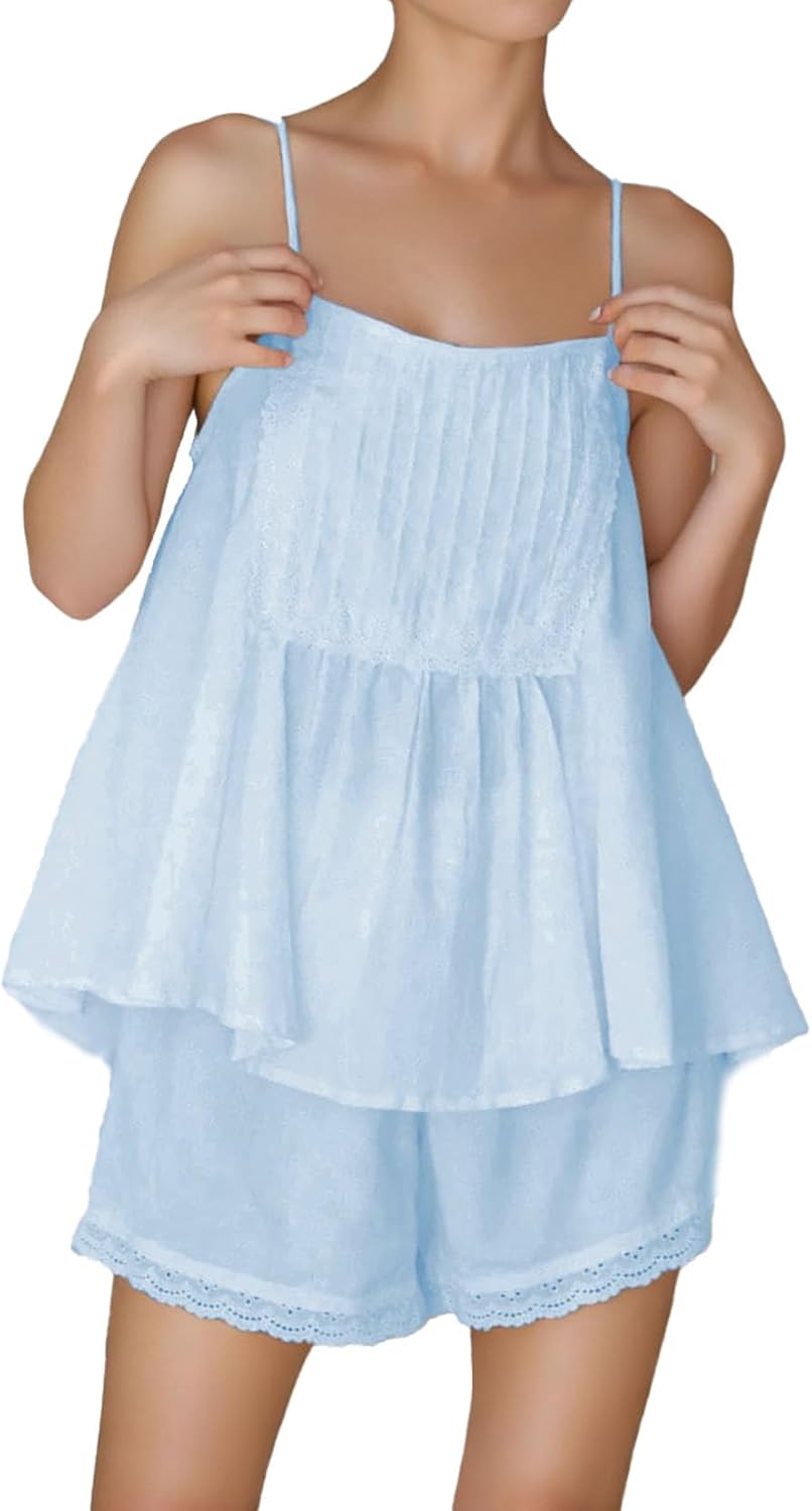 Womens Summer 2 Piece Set Cozy Pajamas with Ruffle Trim