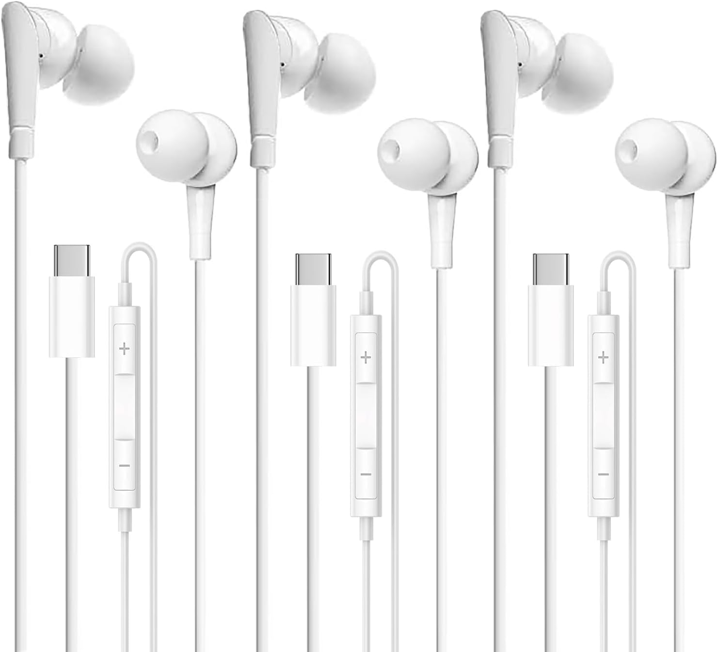 3-Pack USB C Wired Earbuds - Noise Canceling Stereo