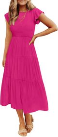 Women's Smocked Flutter Sleeve Tiered Midi Dress - Summer Casual