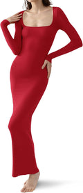 Women's Square Neck Ribbed Maxi Dress - Long Sleeve Bodycon Comfort