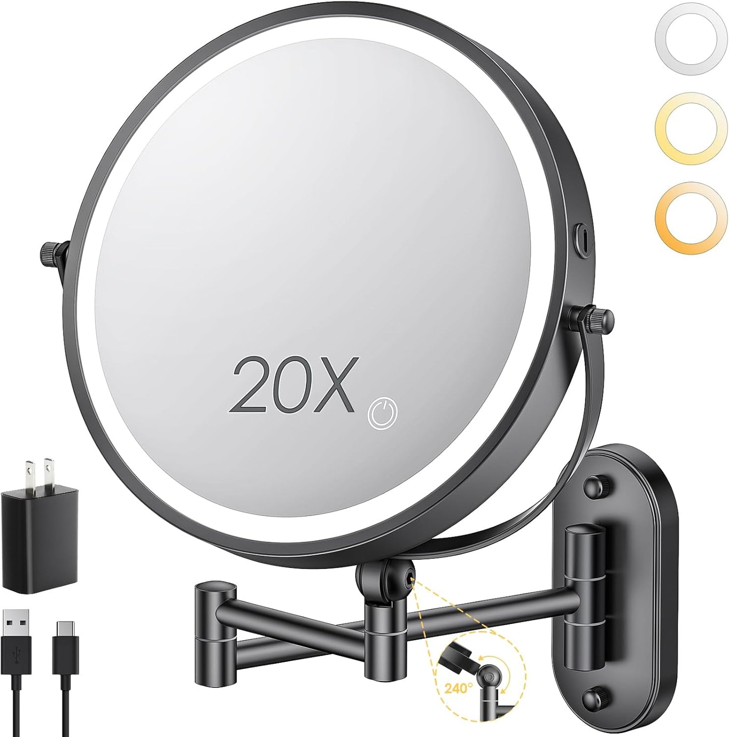 9in Wall Mounted Lighted Makeup Mirror with 360 Rotation Arm