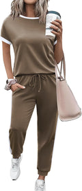 Women Short Sleeve Tracksuit Set - Comfortable Color Block 2-Piece