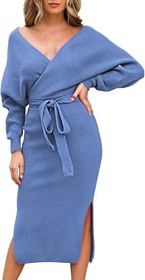 Viottiset Women's V Neck Long Batwing Sleeve Wrap Midi Dress