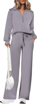 PRETTYGARDEN Women's 2 Piece Tracksuit Set - Half Zip Sweatshirt