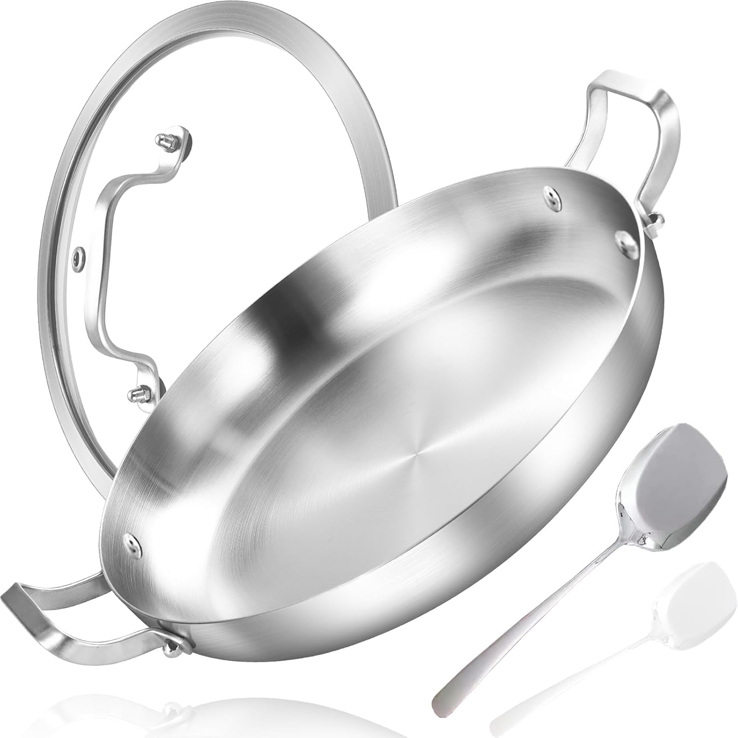 12-Inch Tri-Ply Stainless Steel Paella Pan with Lid for Cooking