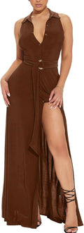 Women's Deep V Neck Long Maxi Dress - Flattering Sleeveless Split