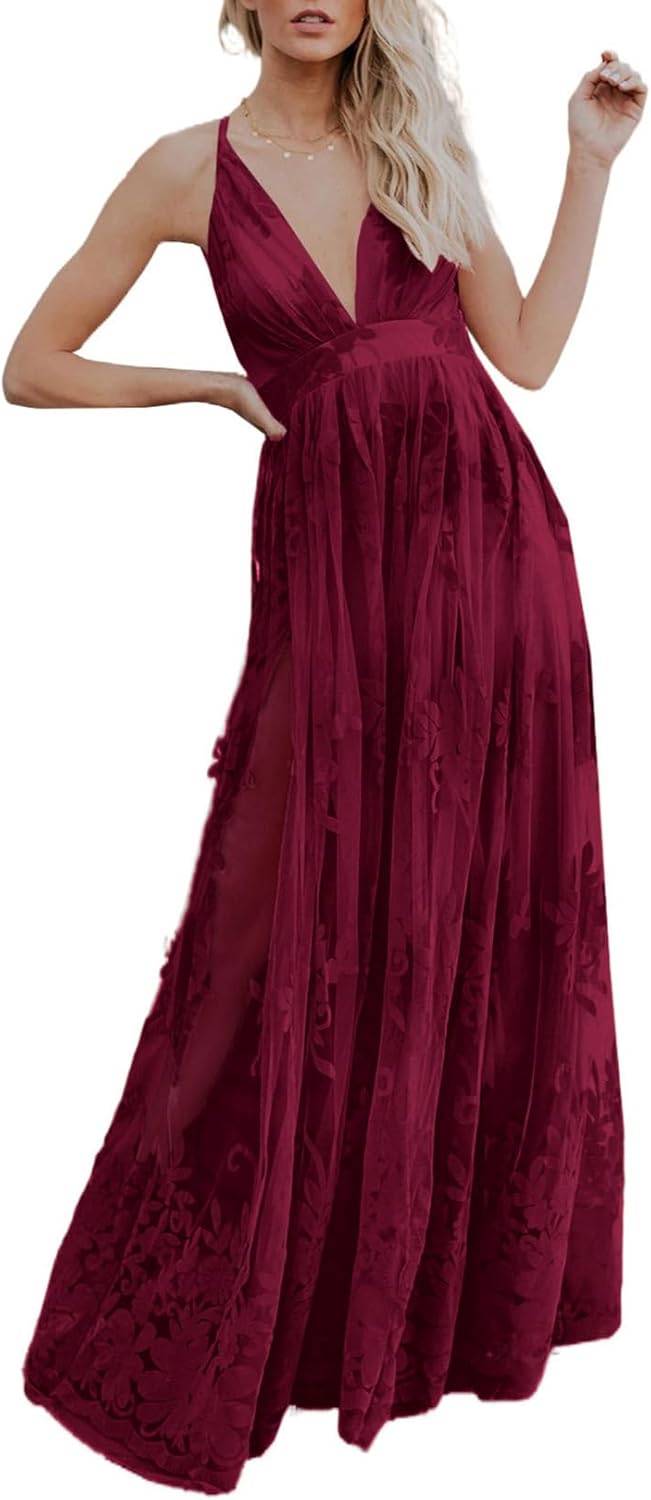 Dokotoo Womens Formal Dresses Deep V-Neck Lace Evening Dress