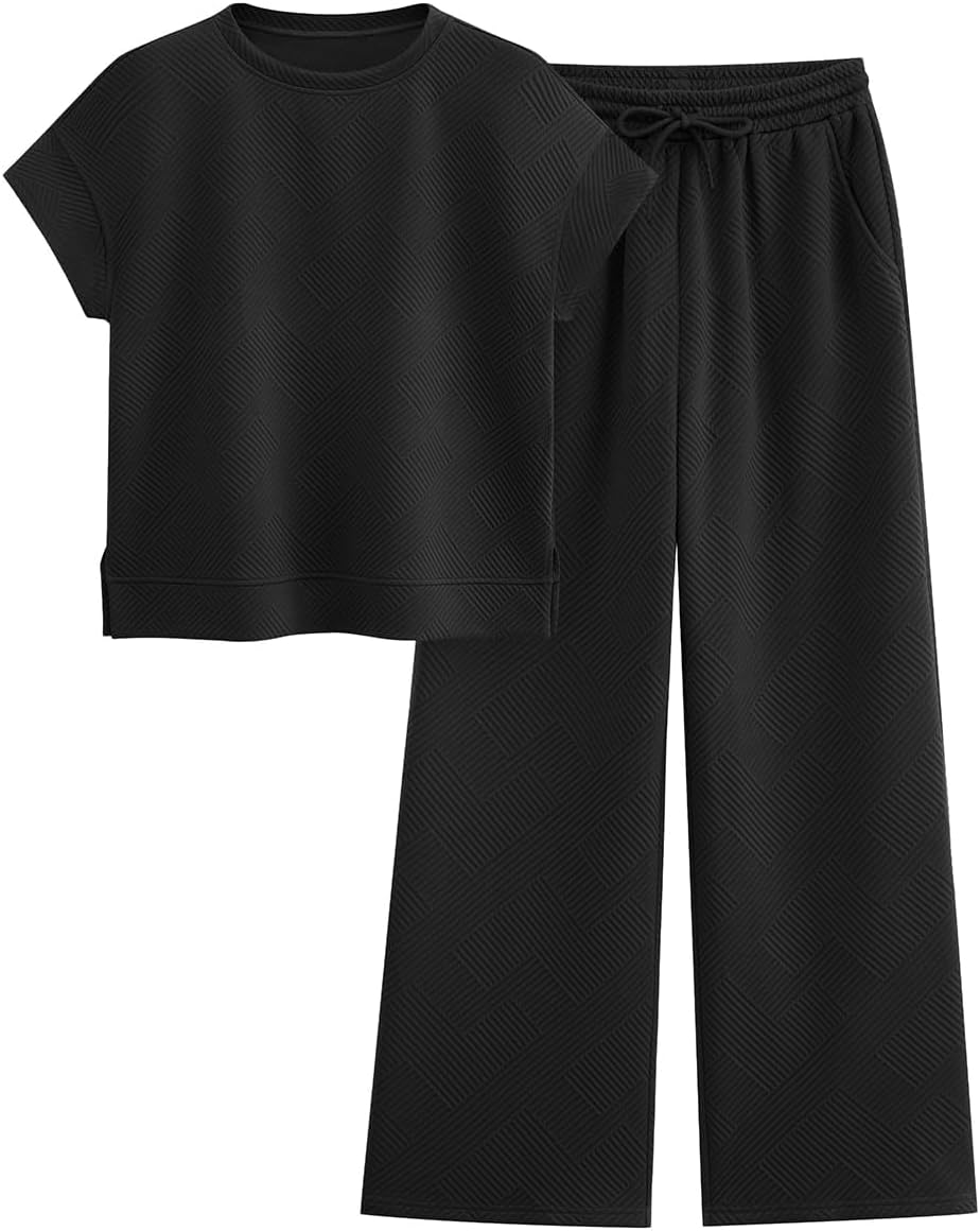 Casual Tracksuit for Women - Short Sleeve Tops and Wide Leg Pants