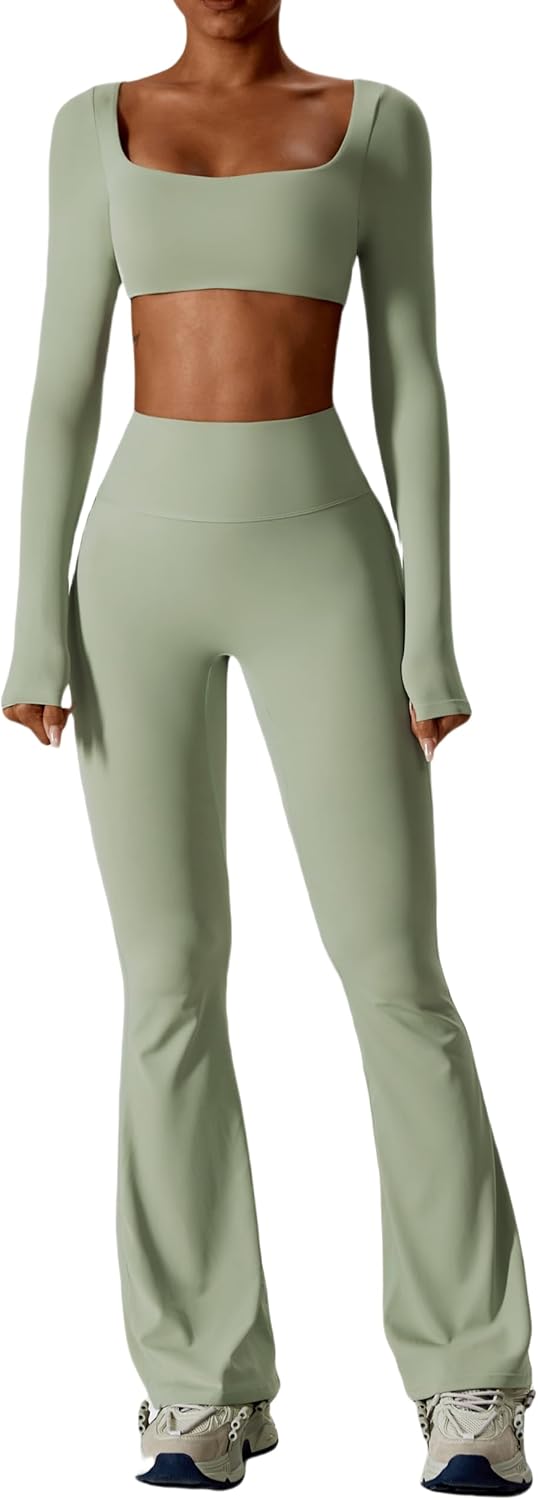 ABOCIW 2pc Workout Sets: Flattering Crop & Flared Leggings