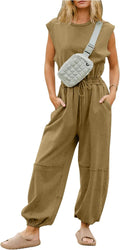 Kissonic Jumpsuits for Women Casual Crewneck Cap Sleeve Drawstring One