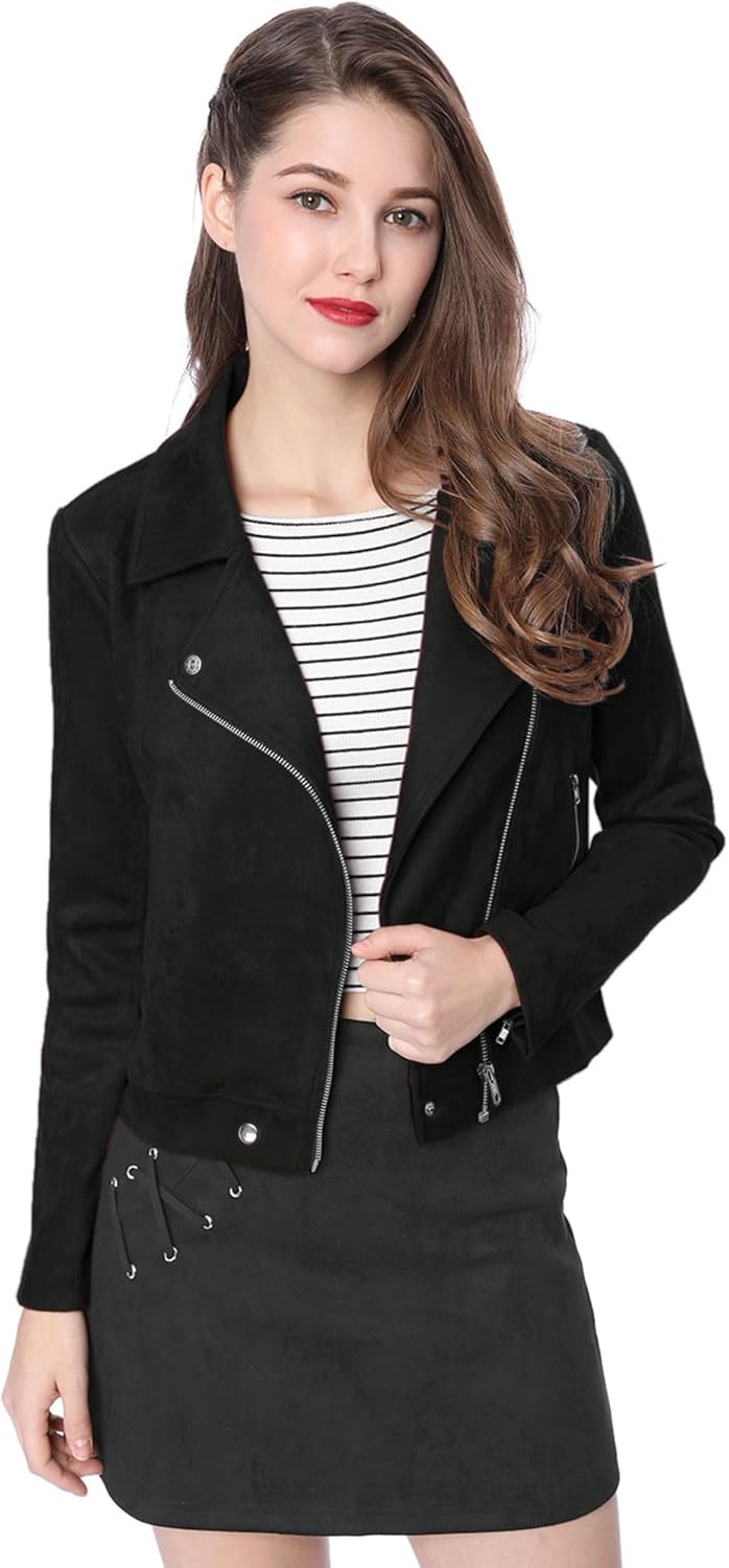 Allegra K Women's Short Soft Zip Up Faux Suede Biker Jacket