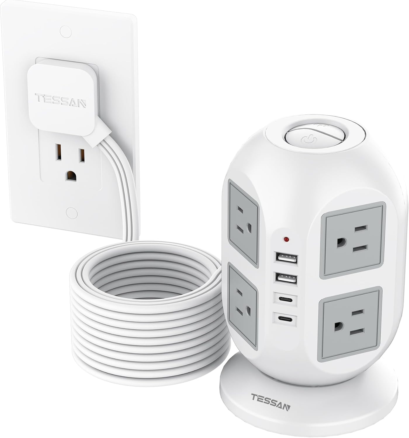 TESSAN Tower Power Strip: 8 Outlets + 4 USB Ports