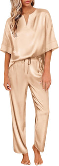 Ekouaer Satin Pajama Set Womens Silk V Neck Short Sleeve Set