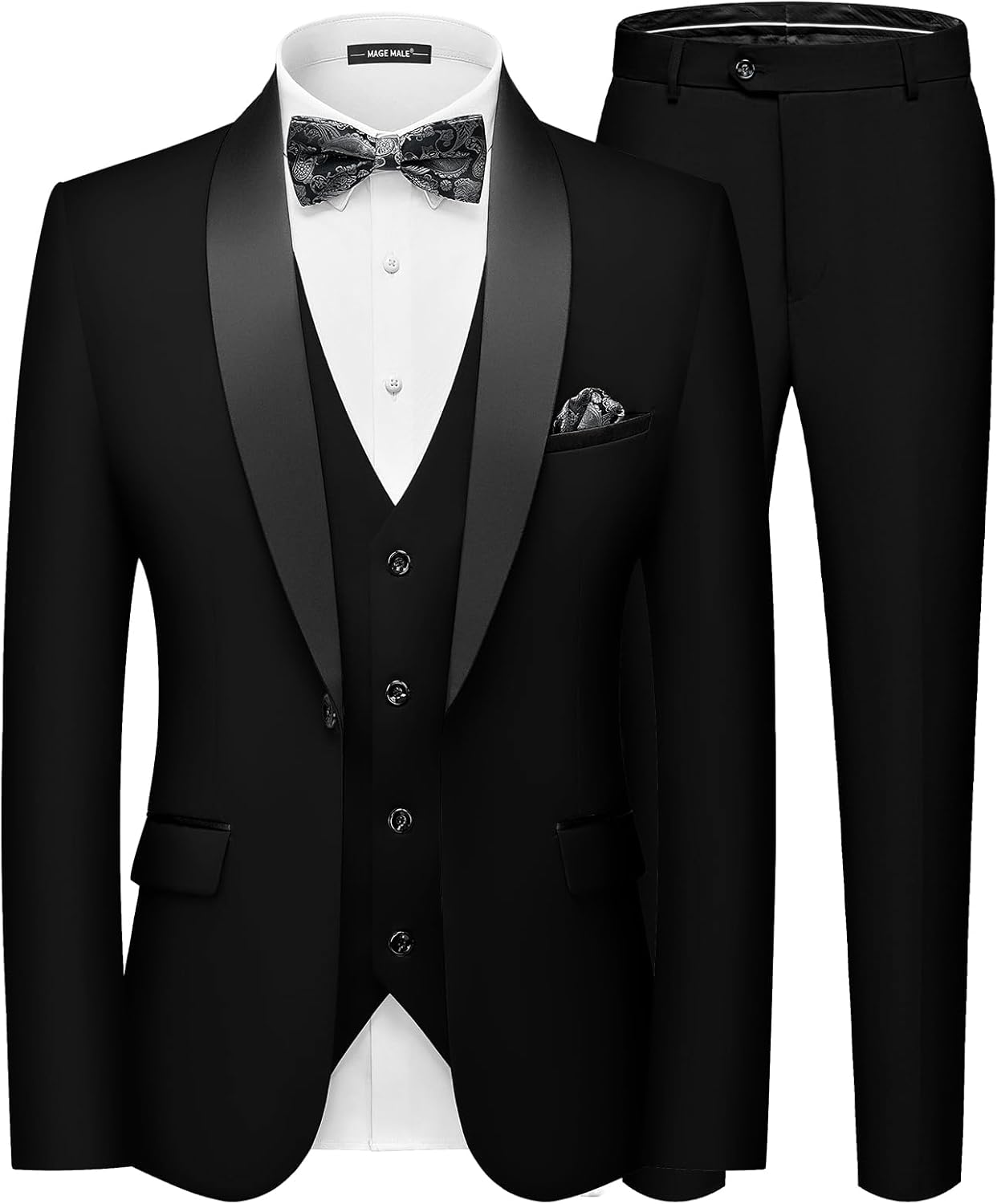 MAGE MALE Men's Slim Fit 3 Piece Suit with Shawl Lapel Design