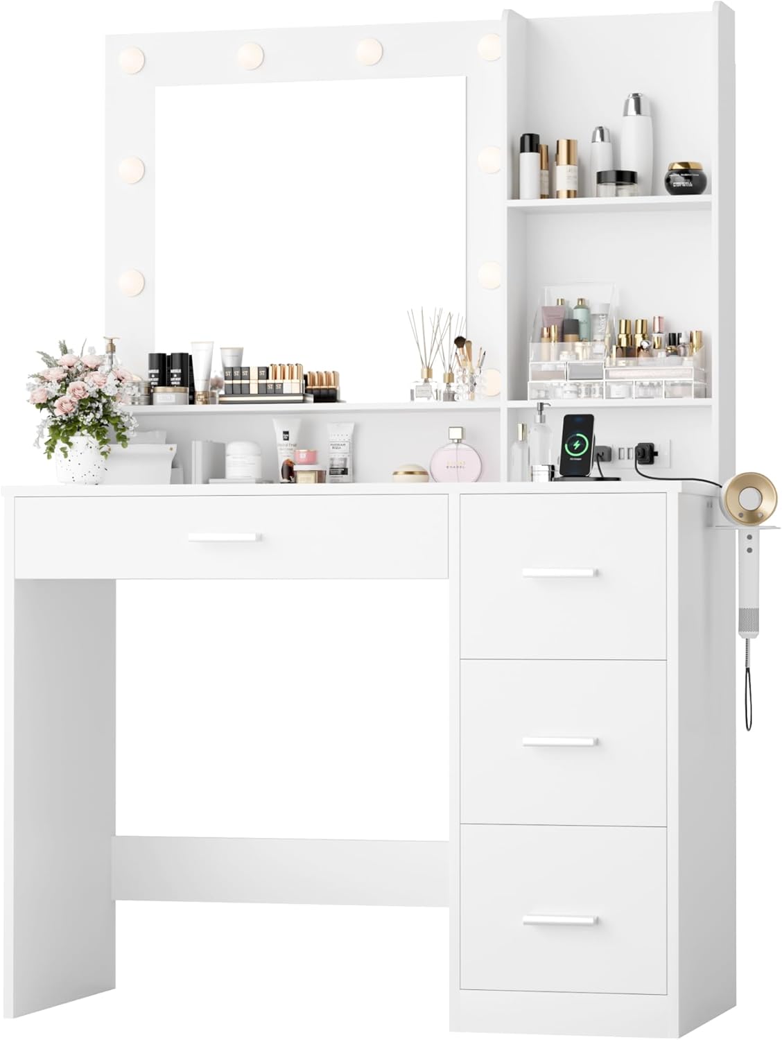 LED Lighted Vanity Desk: 3 Lighting Colors, Power Outlet, 4 Drawers - Furmax