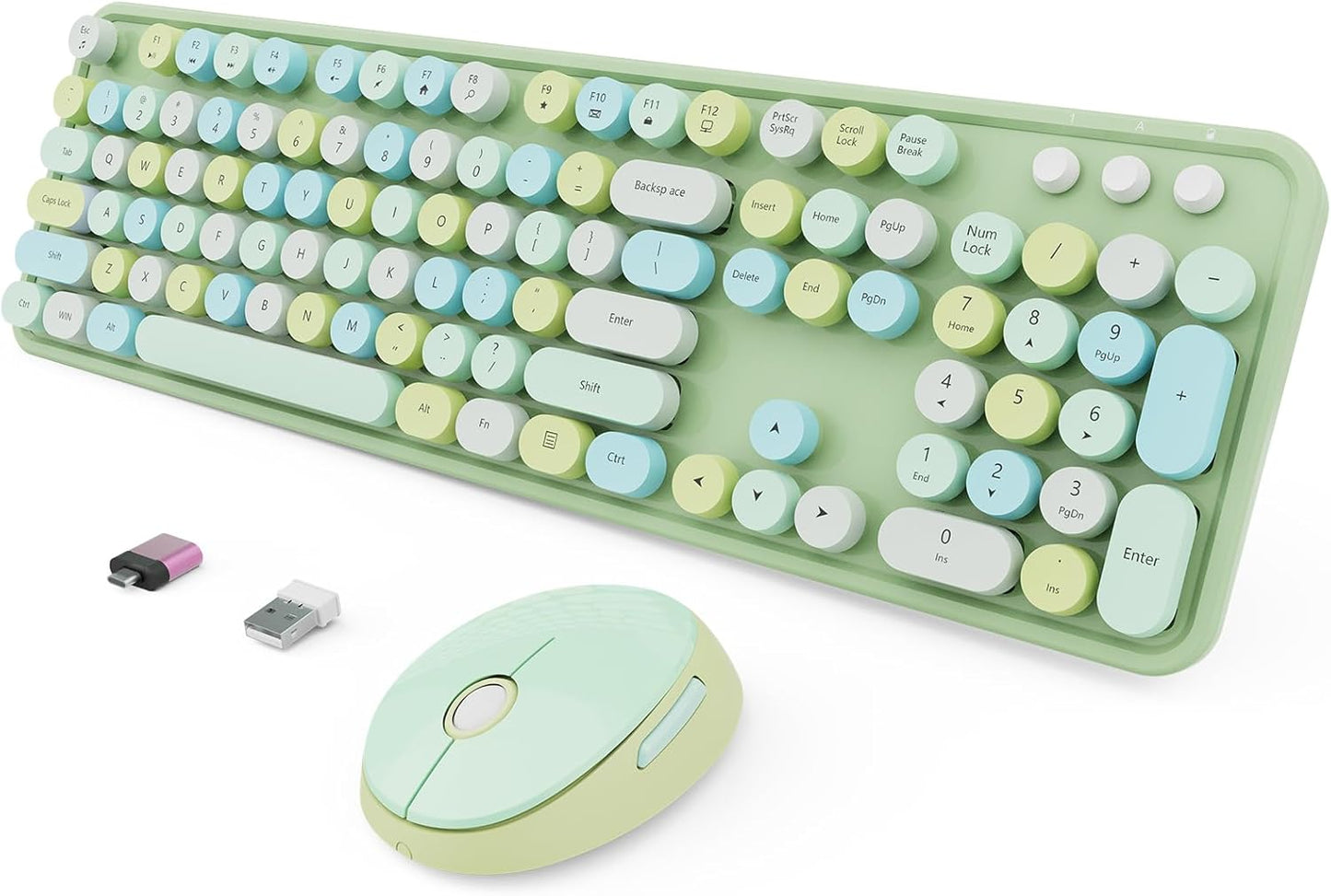 Retro Ergonomic Wireless Keyboard & Mouse Set, Window & PC Compatible, Home & Office (Green)