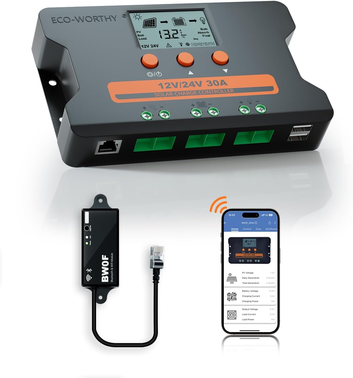 ECO-WORTHY 30A Solar Charge Controller with Bluetooth & USB Ports