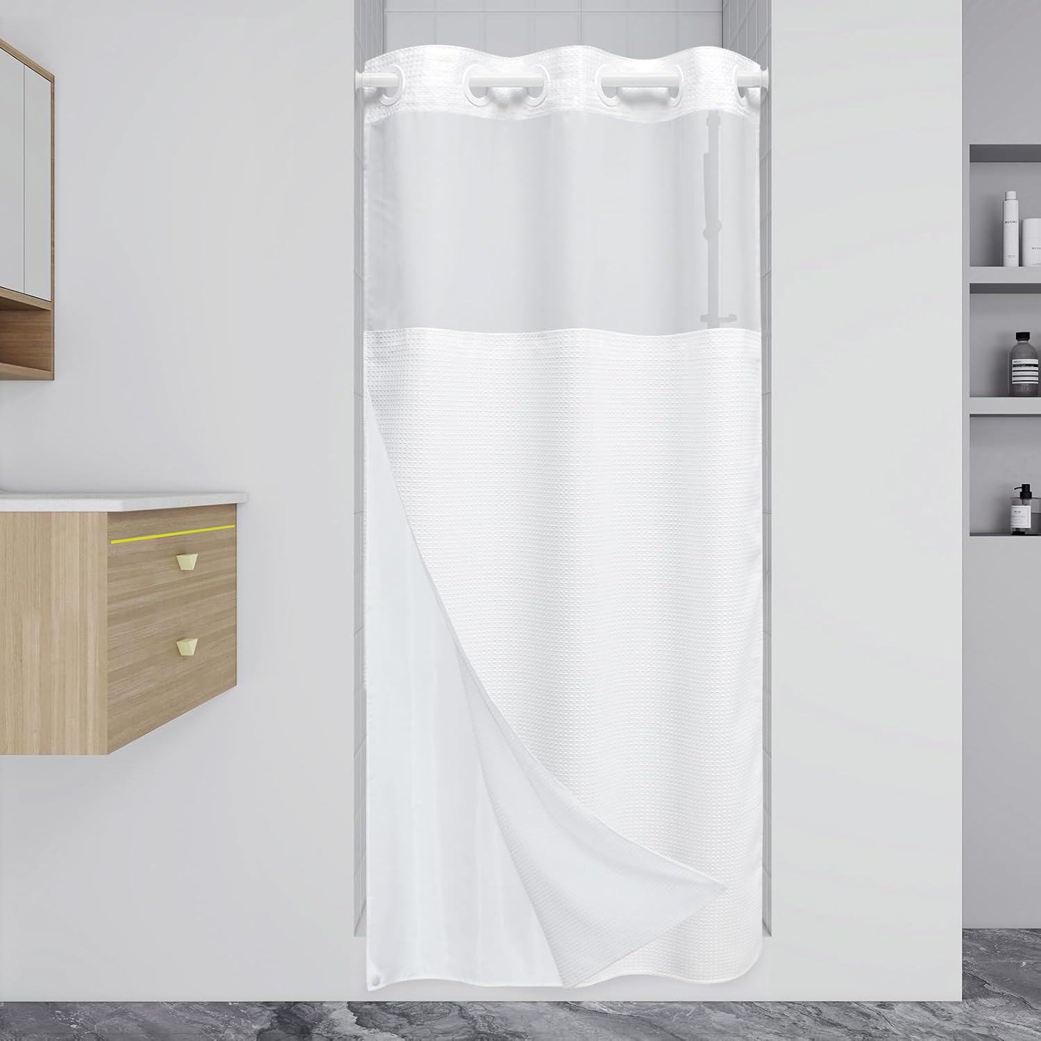Stall No Hook Shower Curtain with Snap in Liner for Bathrooms