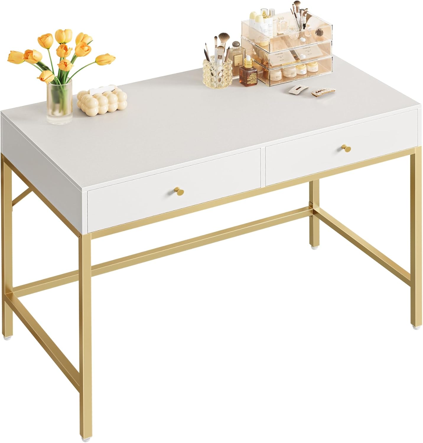 White & Gold Desk with Drawers - Stylish & Functional!