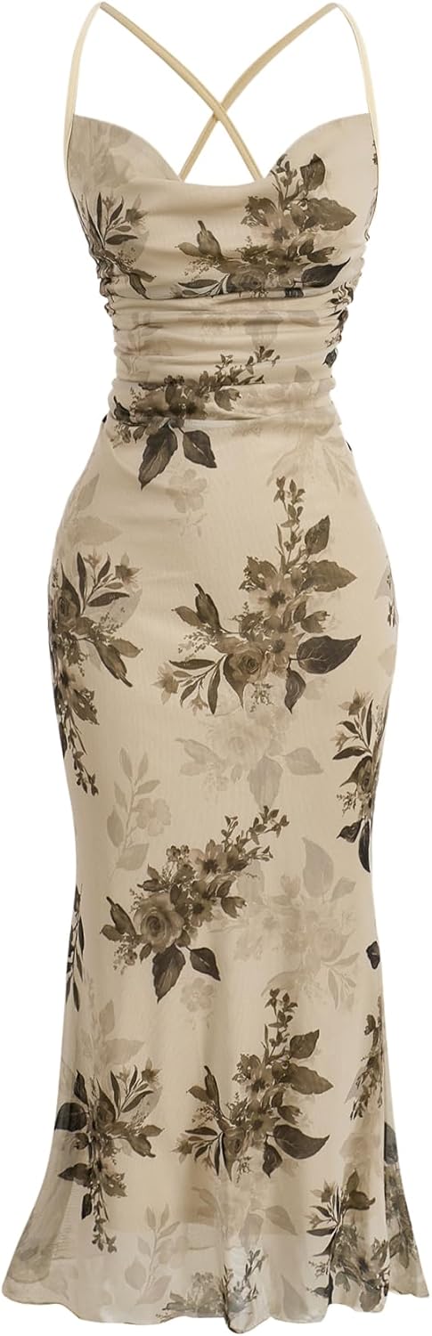 Milumia Women's Floral Cowl Neck Bodycon Maxi Dress for Fall