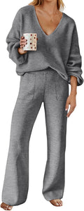 MEROKEETY Women's 2 Piece Knit Sweater Wide Leg Pant Set - Cozy Fit