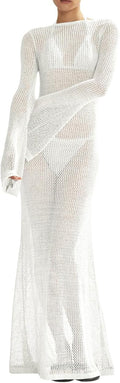 Womens Crochet Cover Ups Long Sleeve Mesh Backless Maxi