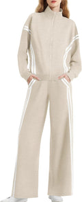 Women's 2-Piece Lounge Zip Up Sweat Set - Wide Leg Striped Pants