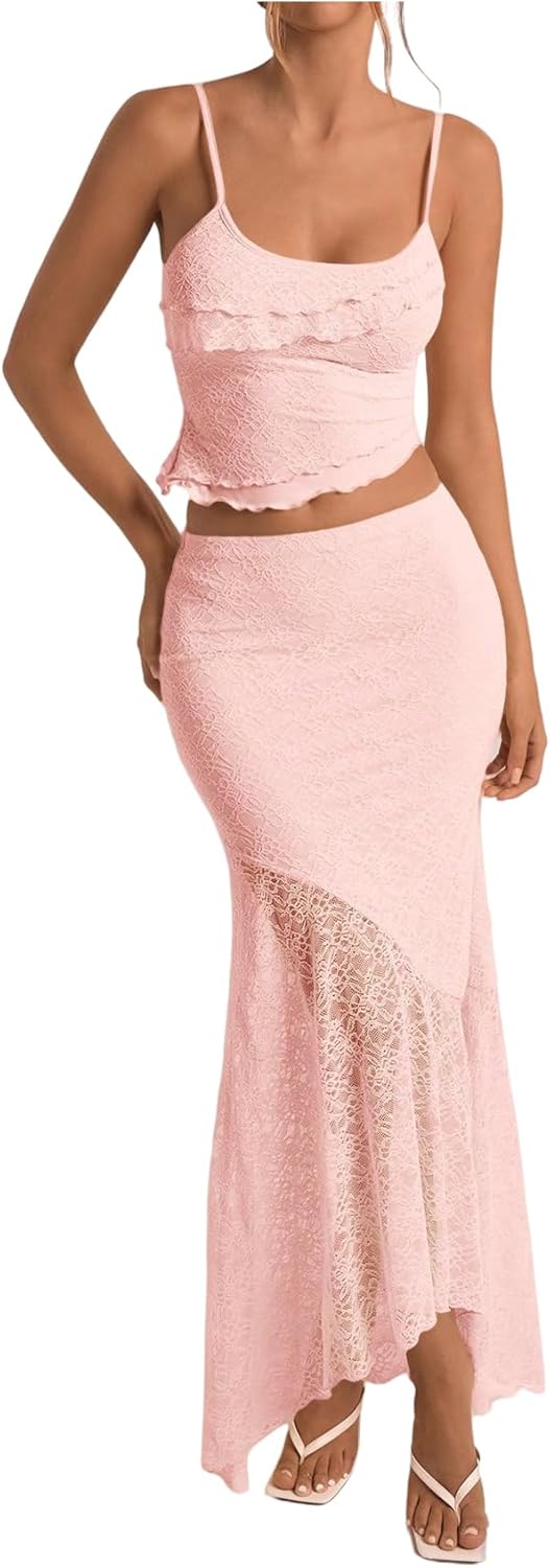 Milumia Women's 2 Piece Outfits Ruffle Trim Cami Crop Top Set