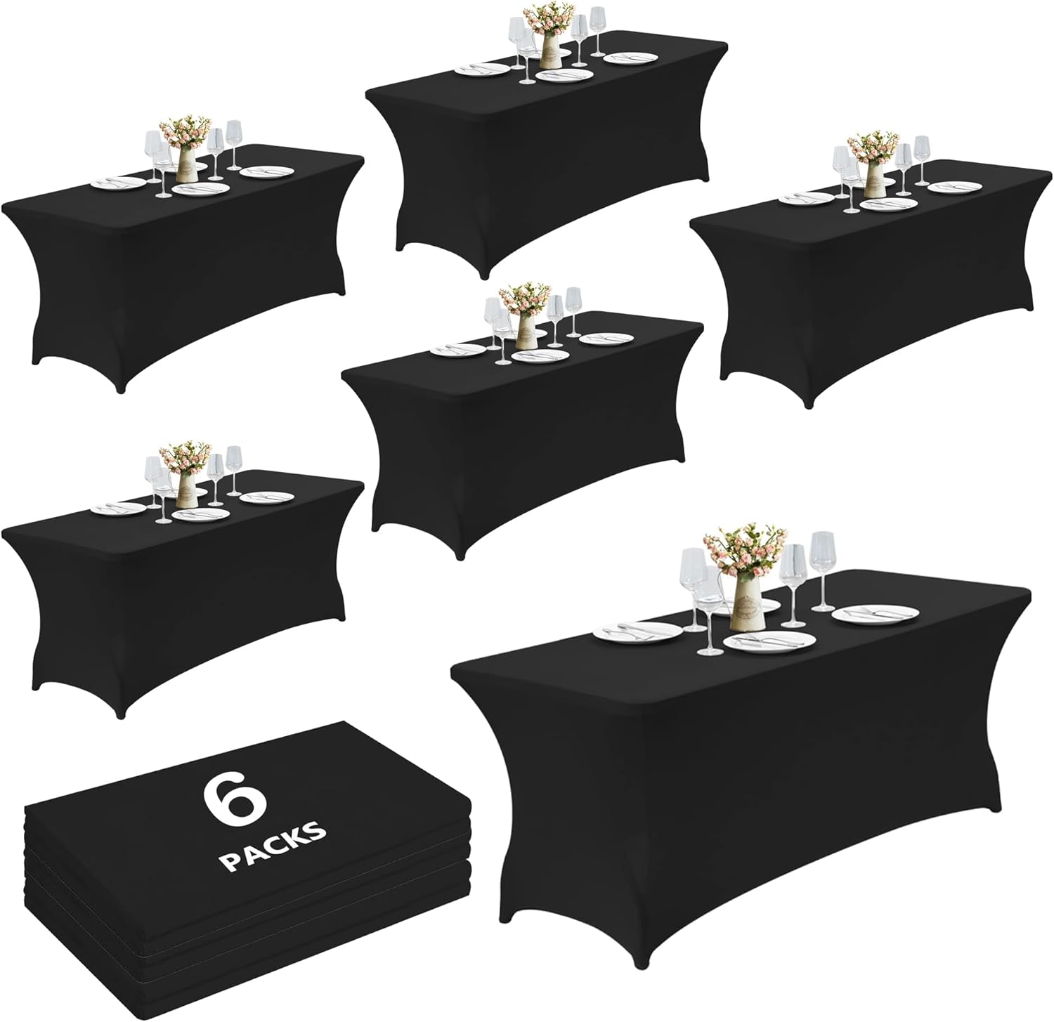 8ft Black Spandex Tablecloth 6 Pack for Events and Parties