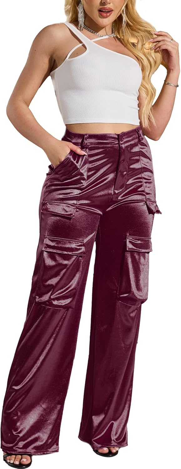 Womens High Waisted Satin Cargo Pants for Trendy Outfits