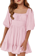 Girls Summer Square Neck Lantern Sleeve Tie Back Mini Dress - Ruffle
