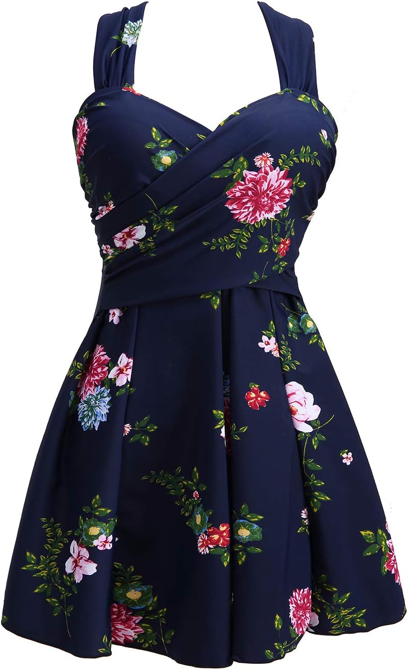Elegant Crossover One Piece Swimdress for Women - Floral Design