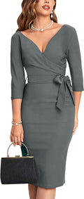 MUXXN Women's Vintage Faux Wrap V Neck 3/4 Sleeve Pencil Dress Work