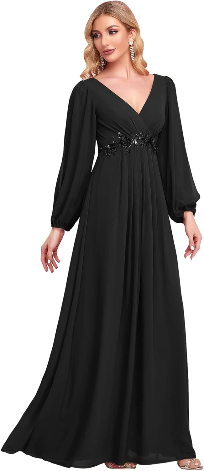 Elegant V Neck Long Lantern Sleeve Floor Length Dress