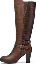 Women's Knee High Chunky Heel Boots with Zipper - Soft PU Comfort