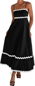 Women Summer Spaghetti Strap Smocked A-Line Midi Dress - Flowy Fit