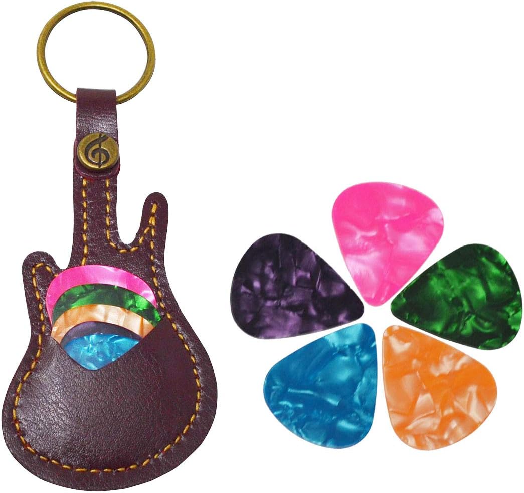 Brown Leather Guitar Picks Case + 5 Gift Plectrums - PUNK